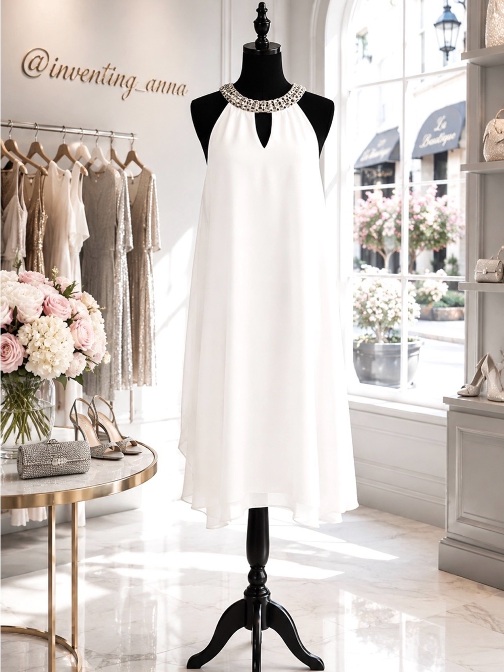 JJ HOUSE Women’s white flowy dress silver jeweled accents at neckline size 12